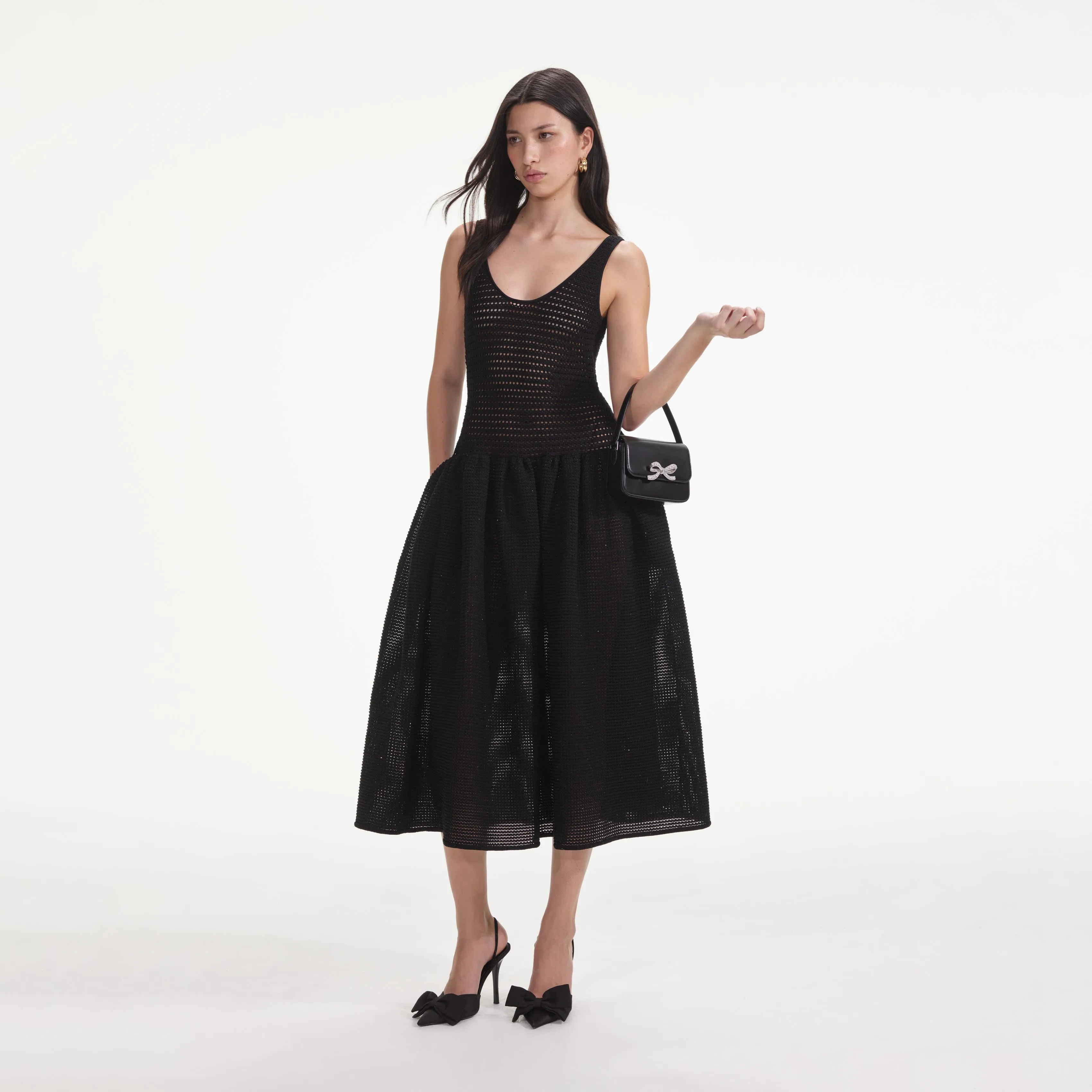 Black Crochet Knit Midi Dress