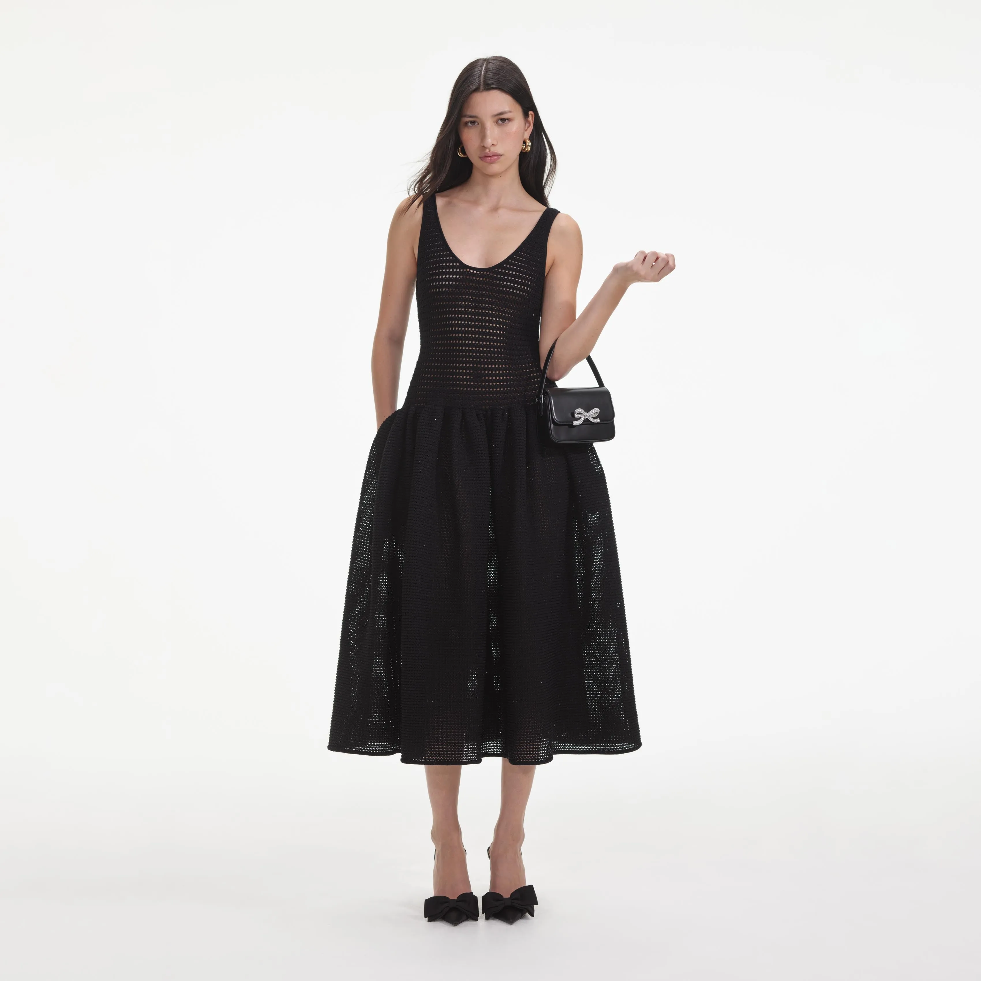 Black Crochet Knit Midi Dress