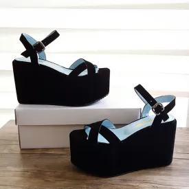Black Faux Suede Cross Strap Wedge Platform Sandals