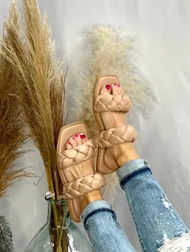 Daria Puffy Braided Flat Sandal, Taupe