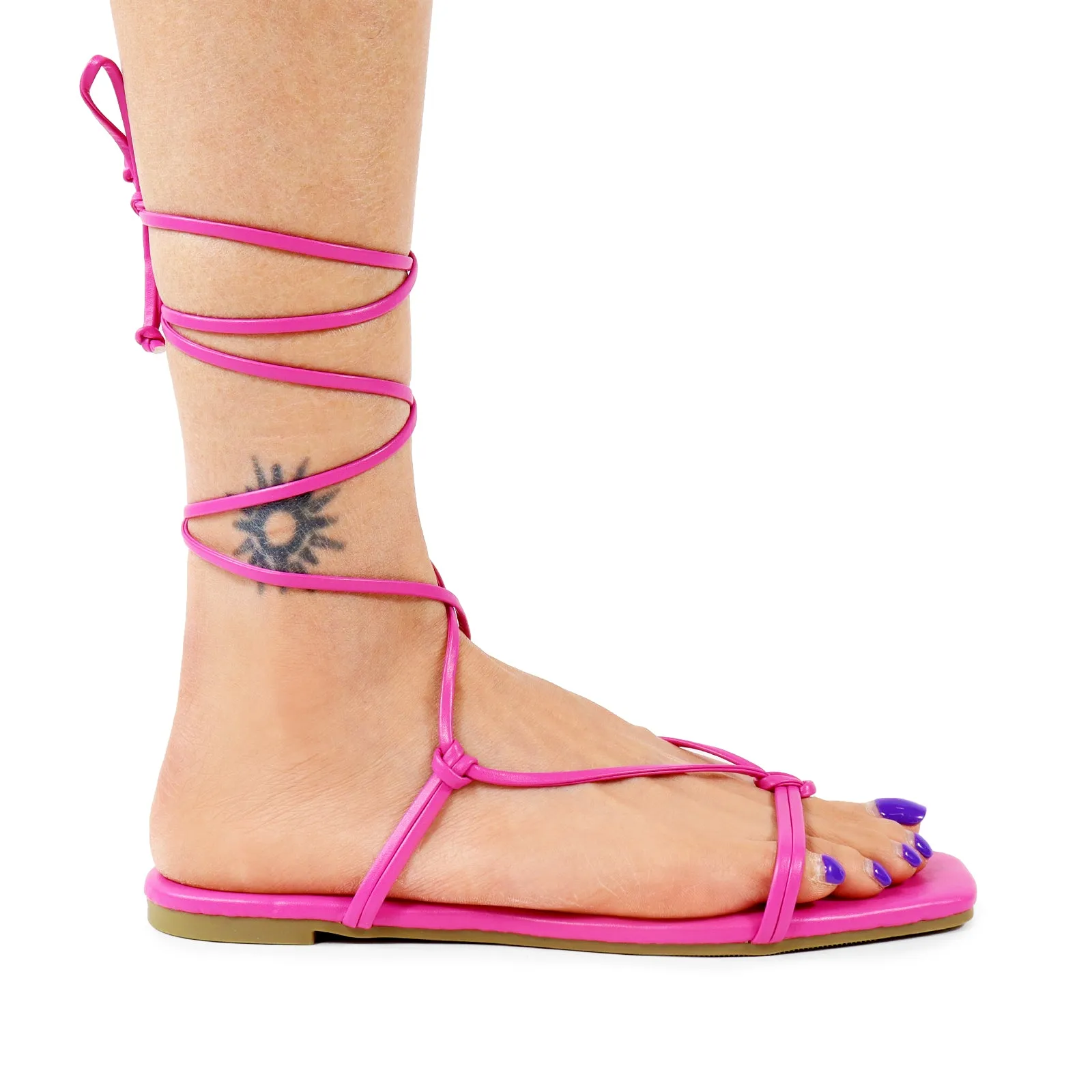 HARMONY-1 OPEN TOE STRAPPY LACE UP FLAT SANDALS - PINK