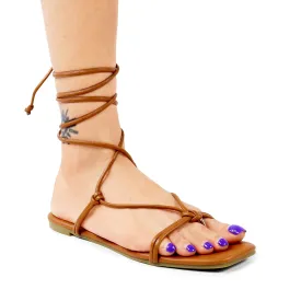 HARMONY-1 OPEN TOE STRAPPY LACE UP FLAT SANDALS - TAN
