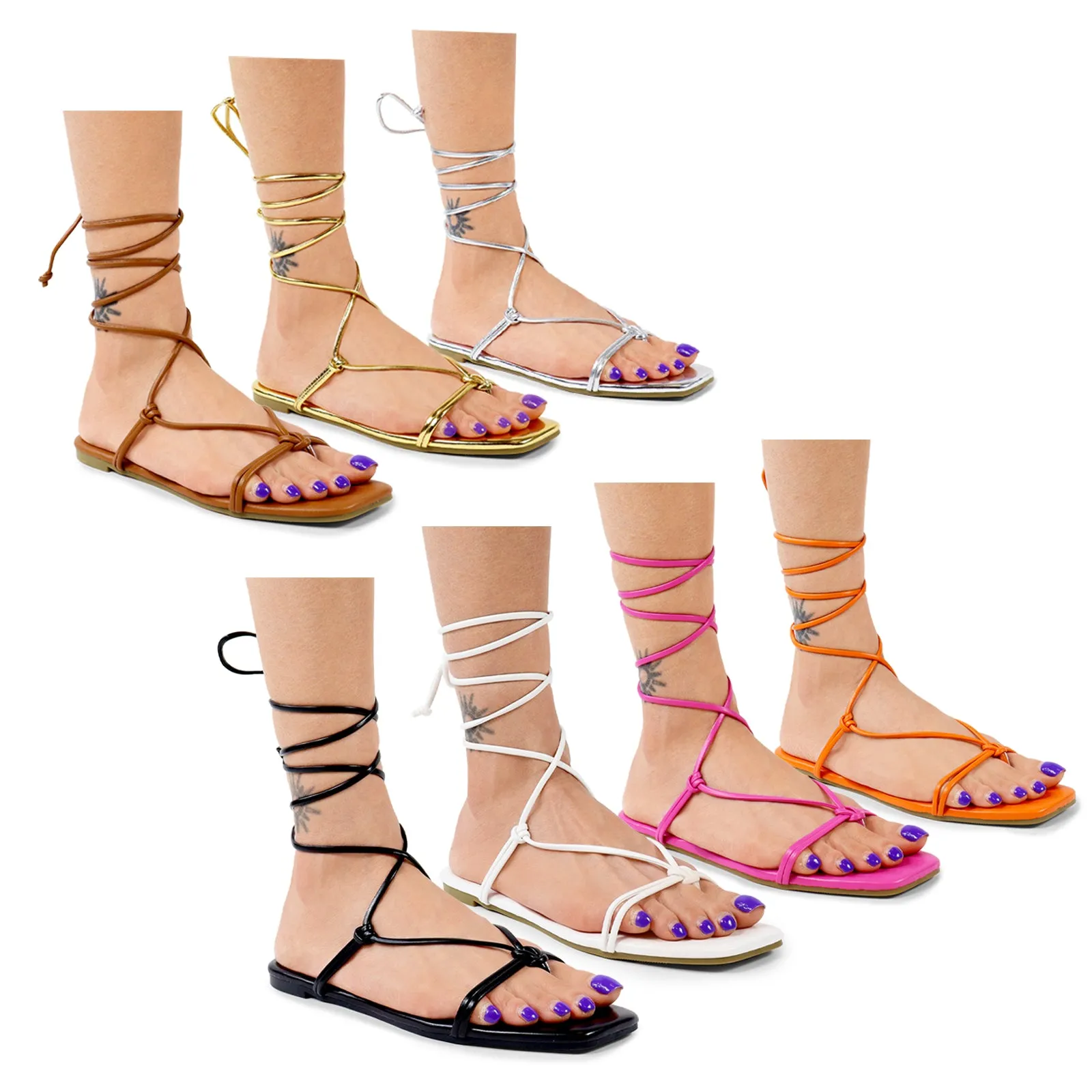 HARMONY-1 OPEN TOE STRAPPY LACE UP FLAT SANDALS - TAN