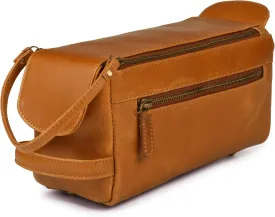 LEATHER VILLAGE Premium Leather Travel Toiletry Bag - Unisex Water-Resistant Travel Dopp Kit, Shaving & Cosmetic Organizer for Men & Women - Compact Bathroom Essentials - Tan Brown