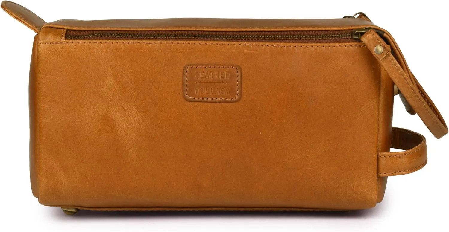 LEATHER VILLAGE Premium Leather Travel Toiletry Bag - Unisex Water-Resistant Travel Dopp Kit, Shaving & Cosmetic Organizer for Men & Women - Compact Bathroom Essentials - Tan Brown