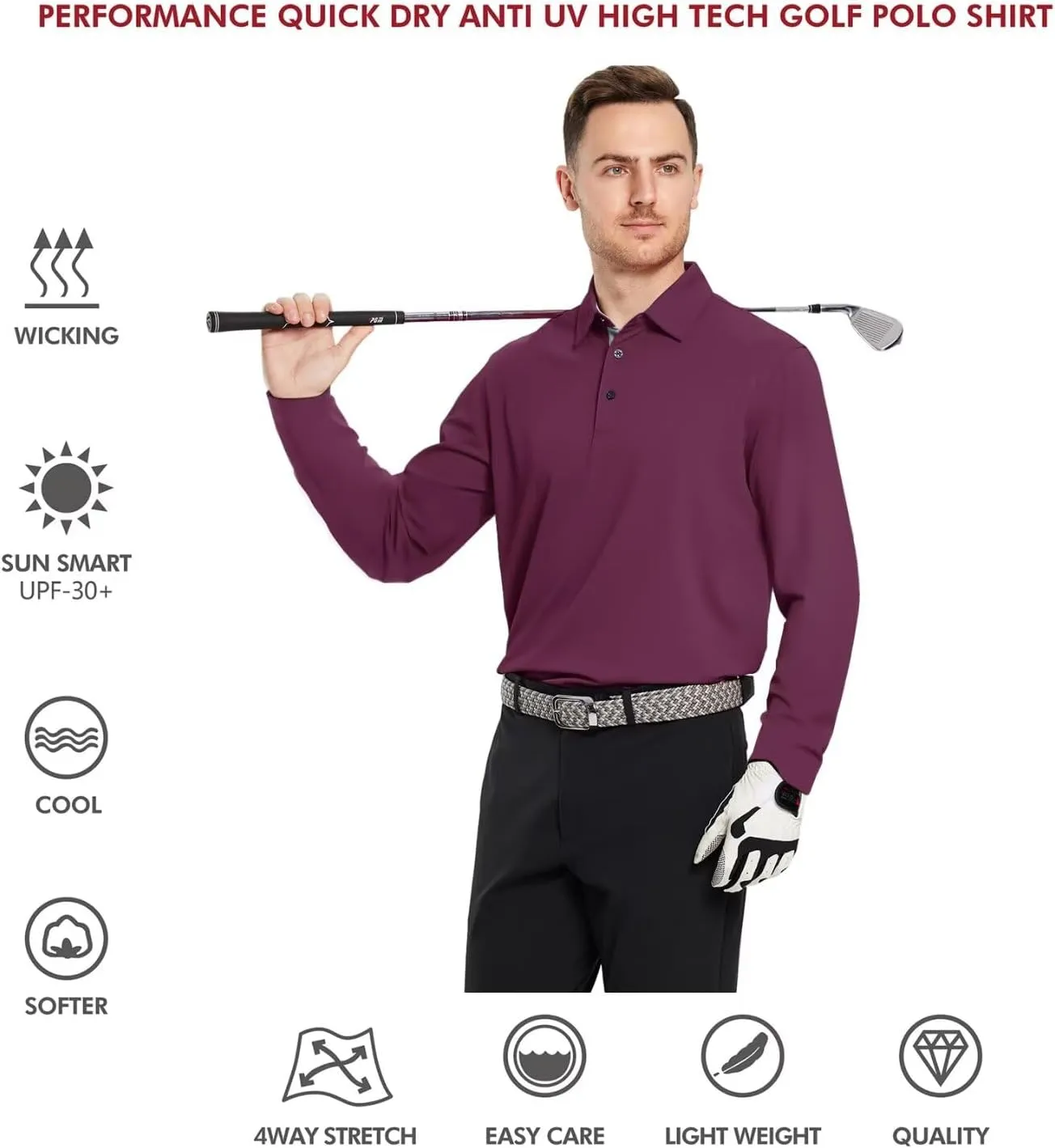 Mens Golf Shirt Short and Long Sleeve Moisture Wicking Dry Fit Performance Solid Casual Pique Golf Polo Shirts for Men
