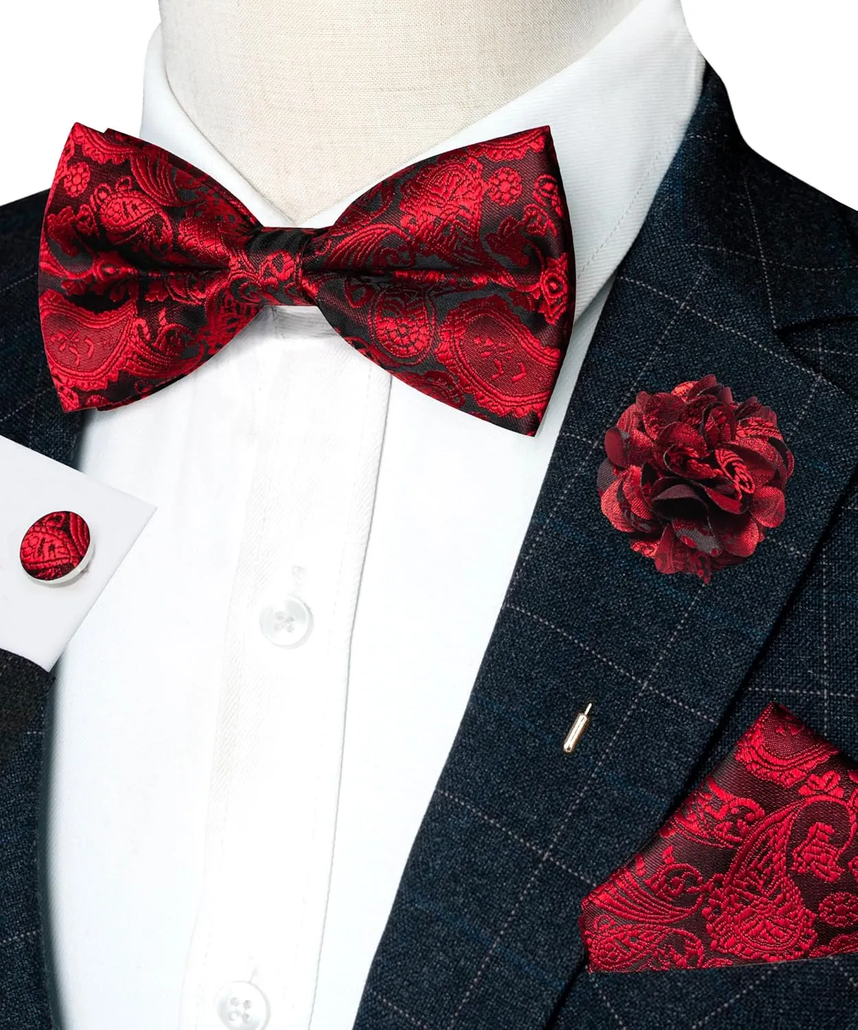 Paisley Pre-tied Bow Tie and Pocket Square Cufflinks Lapel Pin Sets for Men 4PCS