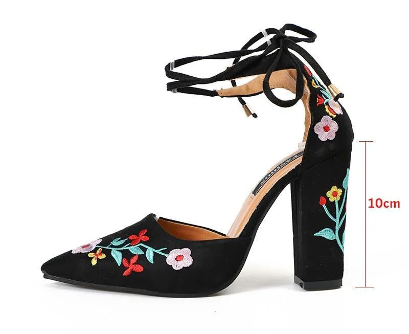 Pointed Toe Embroidery Lace up Heels