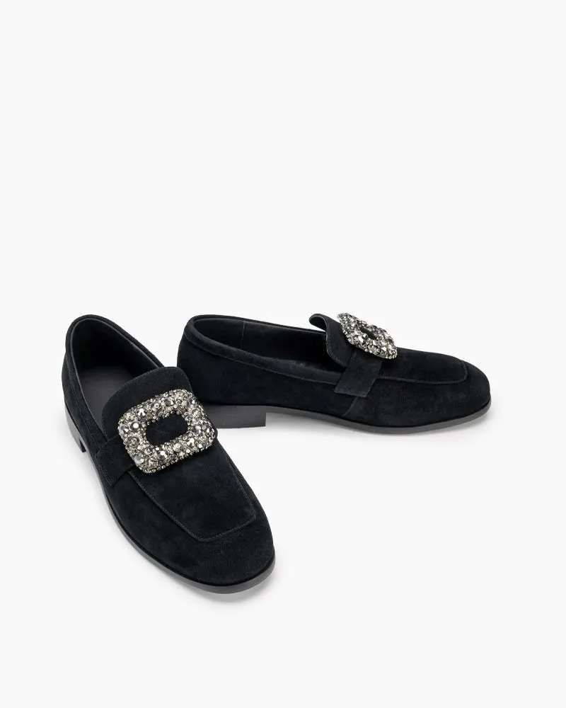 Rhinestones Buckle Round Toe Slip On Loafers