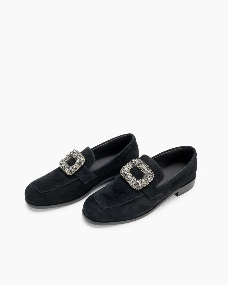 Rhinestones Buckle Round Toe Slip On Loafers