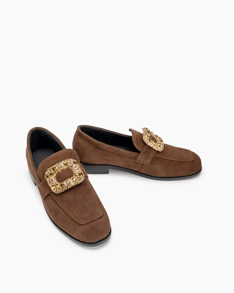 Rhinestones Buckle Round Toe Slip On Loafers