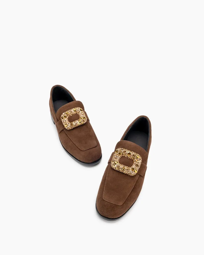 Rhinestones Buckle Round Toe Slip On Loafers