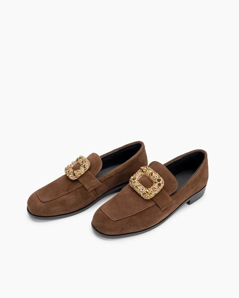 Rhinestones Buckle Round Toe Slip On Loafers