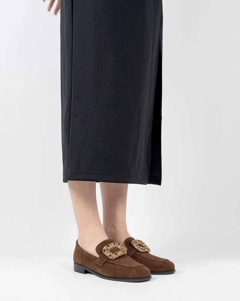 Rhinestones Buckle Round Toe Slip On Loafers