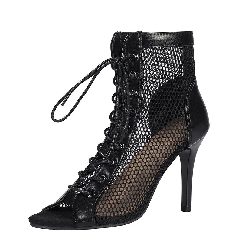 Sexy black peep toe high heels booties lace-up