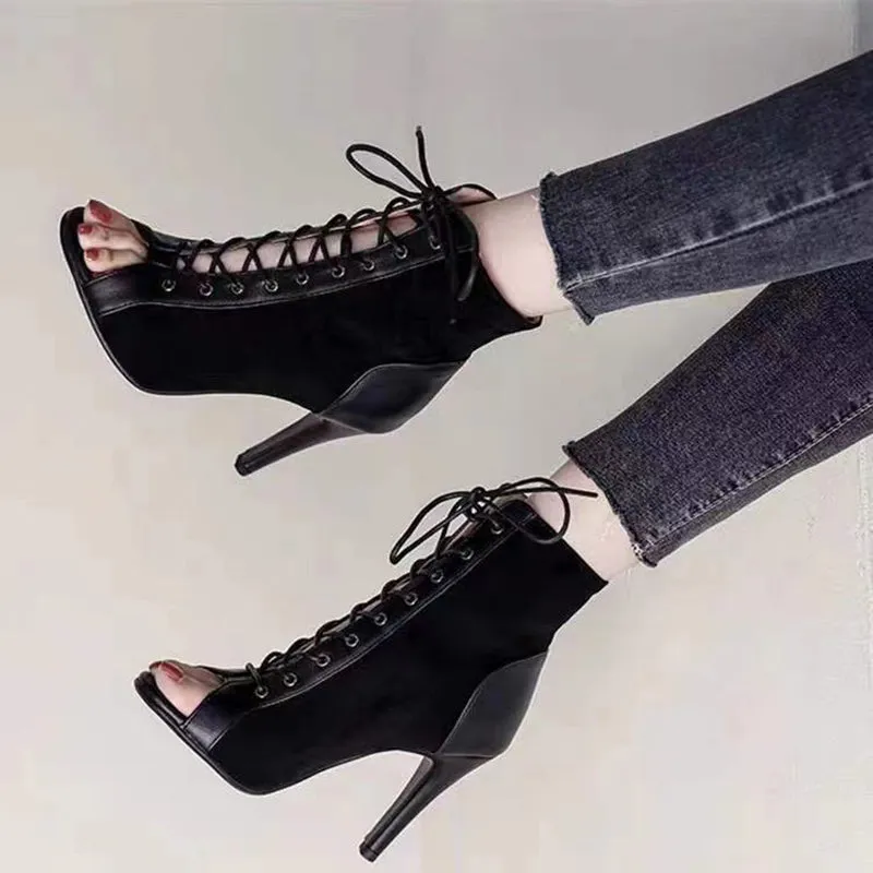 Sexy black peep toe high heels booties lace-up