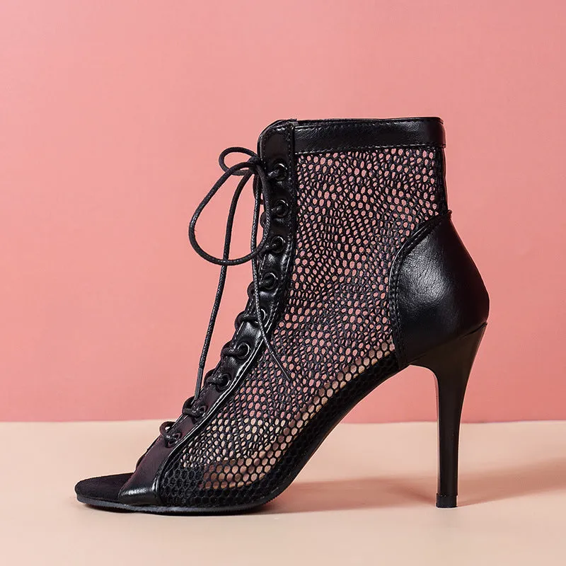 Sexy black peep toe high heels booties lace-up