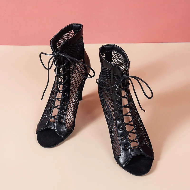 Sexy black peep toe high heels booties lace-up