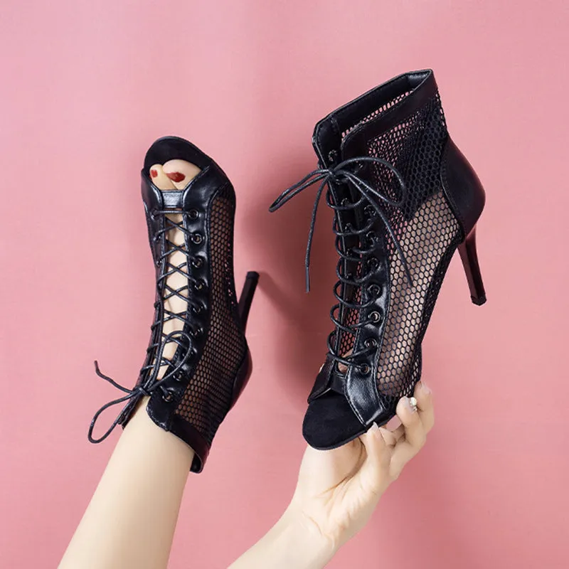 Sexy black peep toe high heels booties lace-up