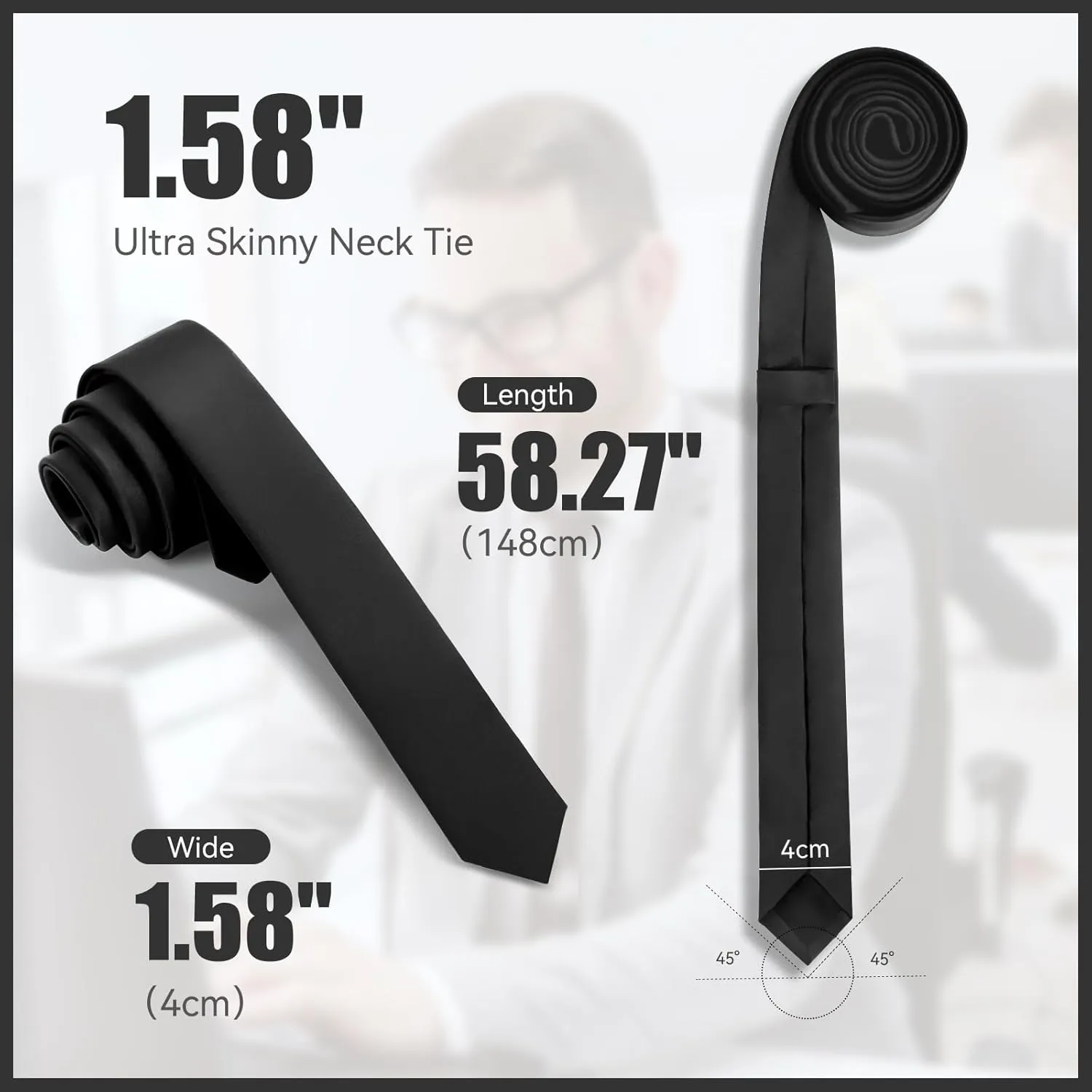 Skinny Ties Black Ties For Men and Women Solid Pure Color 1.58" (4CM) Plain Formal Slim Neckties