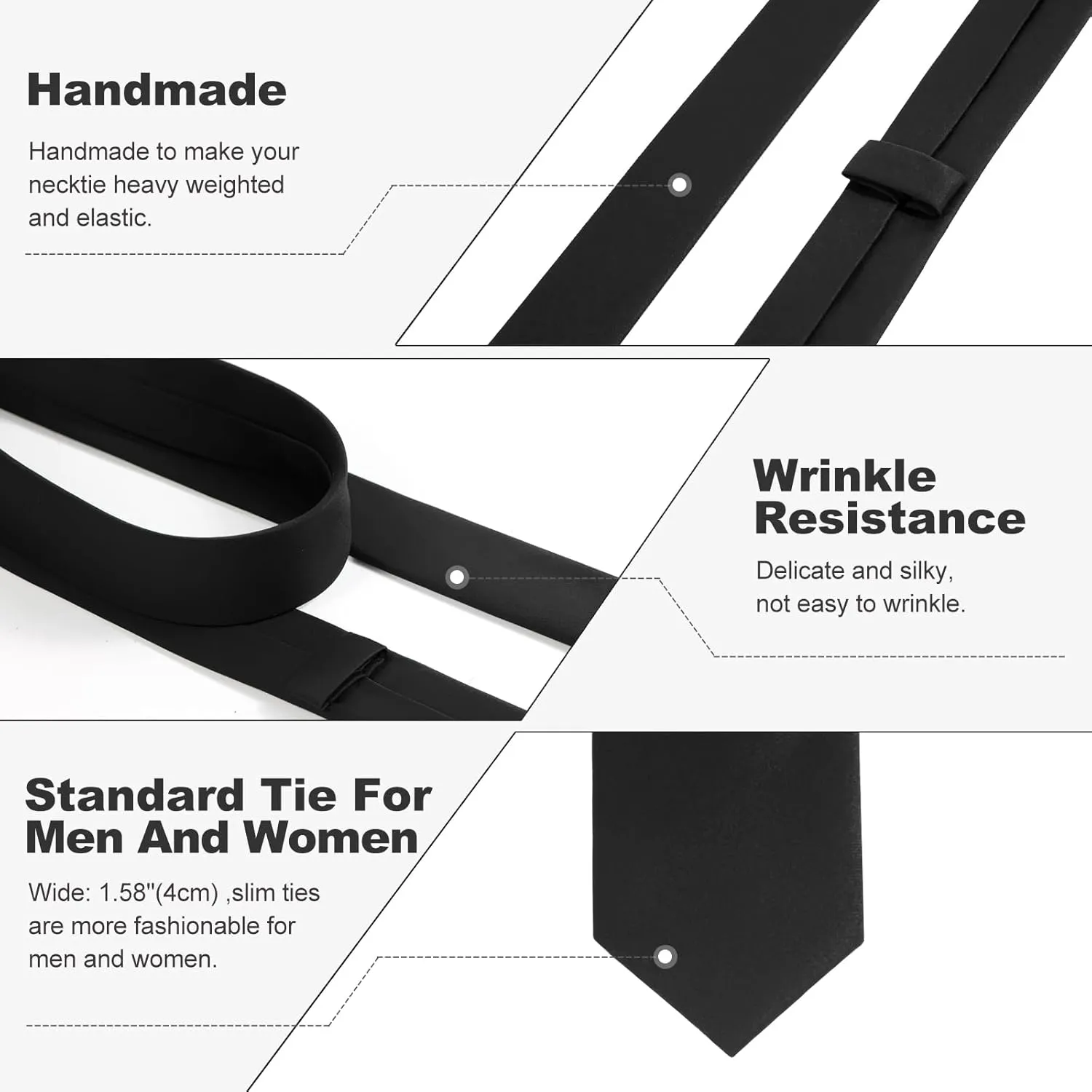Skinny Ties Black Ties For Men and Women Solid Pure Color 1.58" (4CM) Plain Formal Slim Neckties