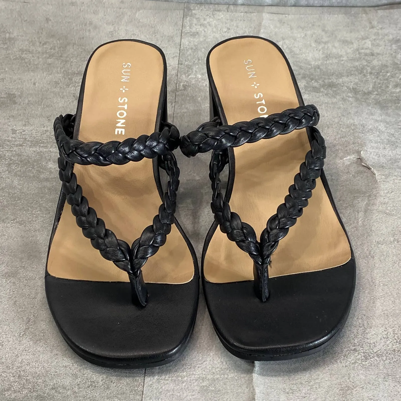 SUN STONE Women's Black Wiinie Braided Round-Toe Block-Heel Dress Sandals SZ 6