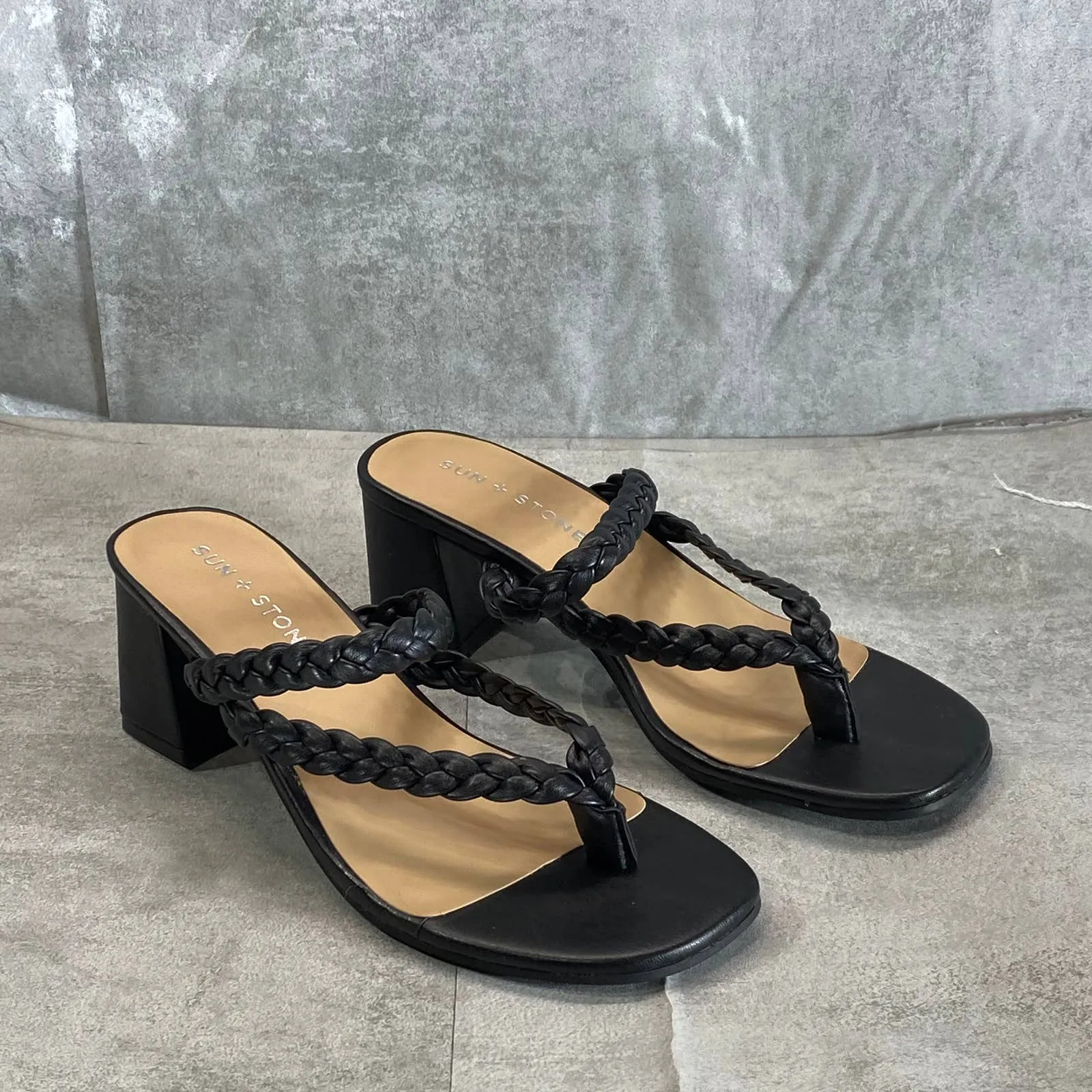 SUN STONE Women's Black Wiinie Braided Round-Toe Block-Heel Dress Sandals SZ 6