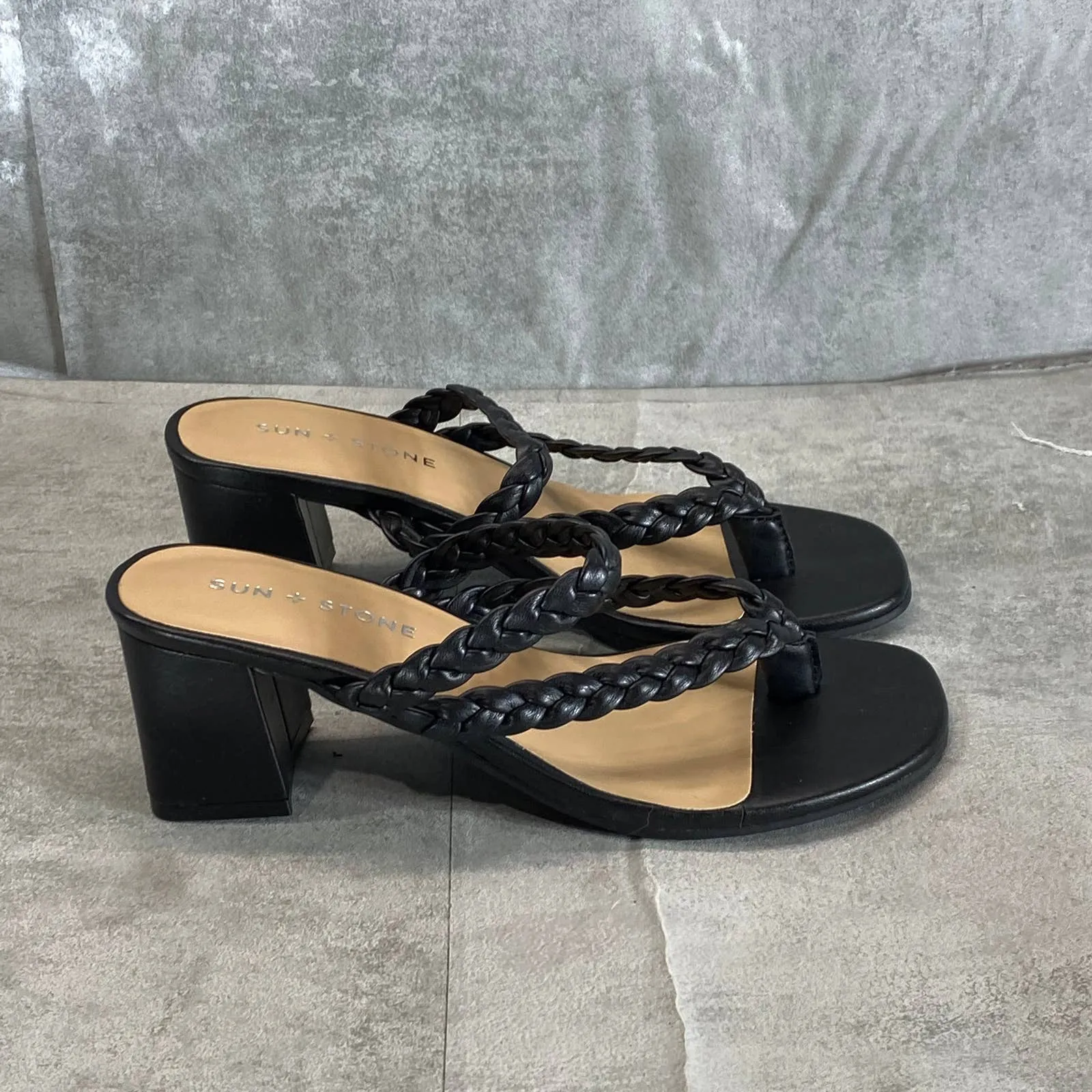 SUN STONE Women's Black Wiinie Braided Round-Toe Block-Heel Dress Sandals SZ 6