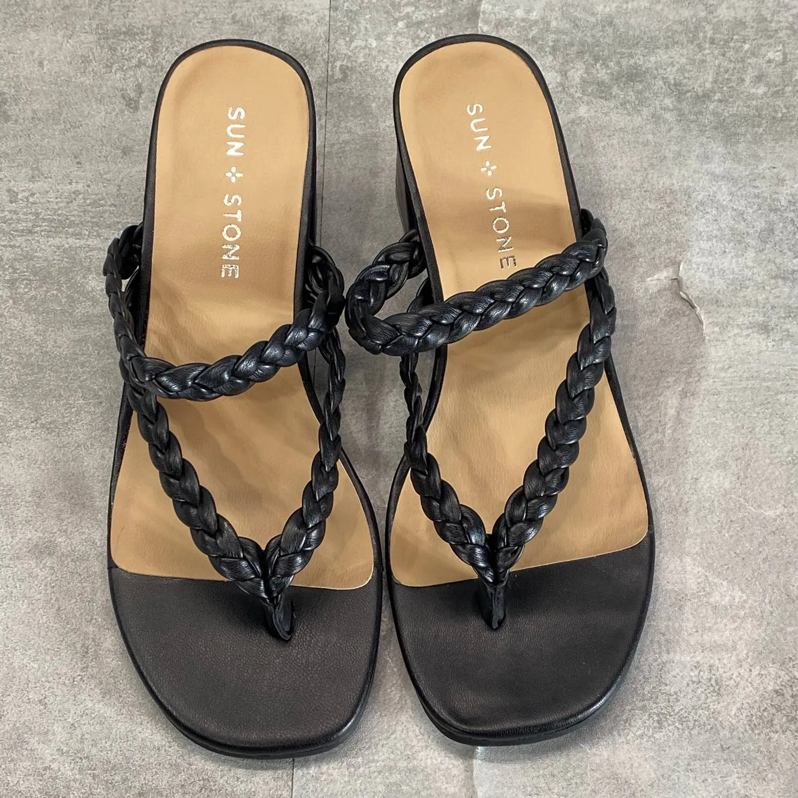 SUN STONE Women's Black Wiinie Braided Round-Toe Block-Heel Dress Sandals SZ 6