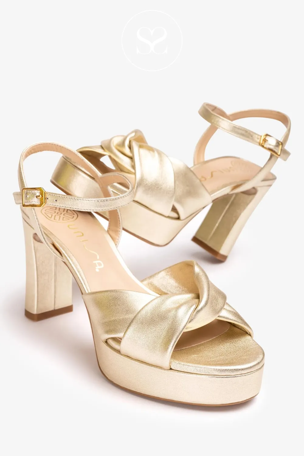 UNISA ONOA GOLD LEATHER BLOCK HEEL PLATFORM SANDALS