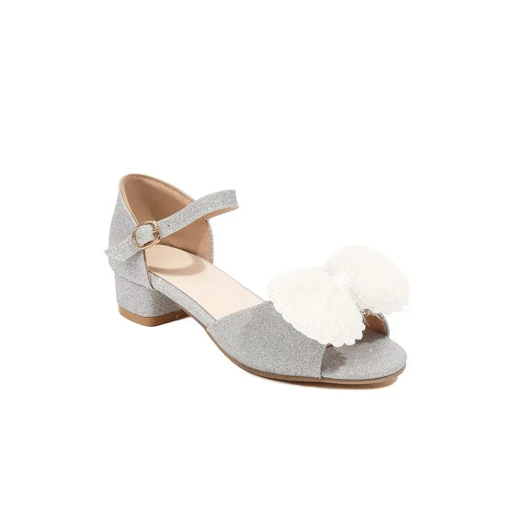 Women's Bling Bling Solid Color Fur Butterfly Knot Hollow Out Ankle Strap Block Heel Sandals