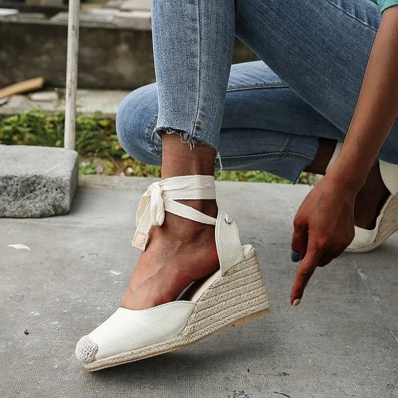 Women's Espadrille Wedge Platform Comfortable Lace Up Summer Shoes