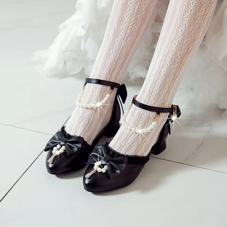 Women's Pearls Bow Tie Ankle Strap Block Chunky Heel Sandals