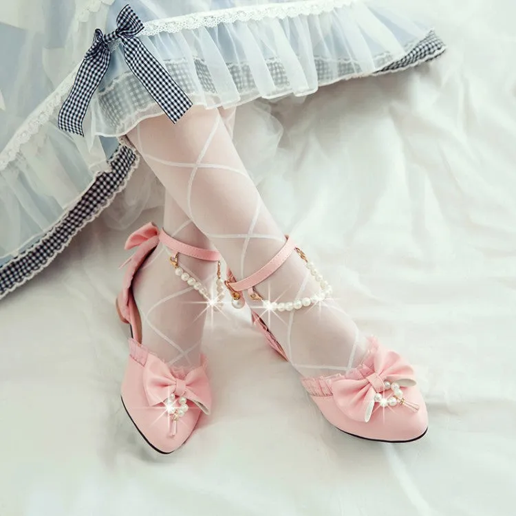 Women's Pearls Bow Tie Ankle Strap Block Chunky Heel Sandals