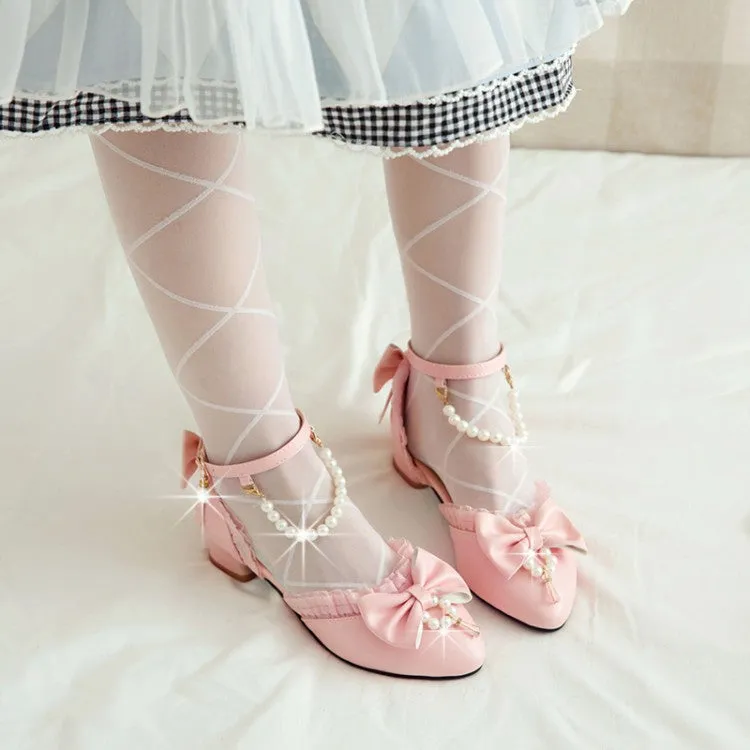 Women's Pearls Bow Tie Ankle Strap Block Chunky Heel Sandals