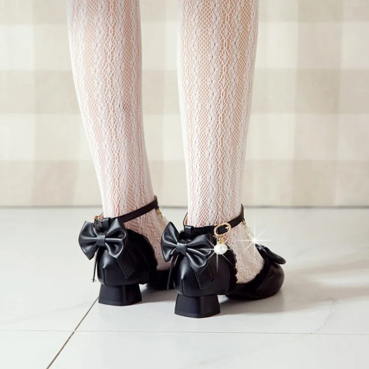 Women's Pearls Bow Tie Ankle Strap Block Chunky Heel Sandals