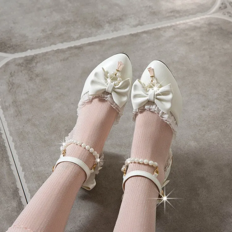 Women's Pearls Bow Tie Ankle Strap Block Chunky Heel Sandals