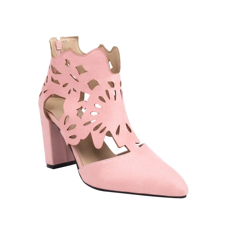 Women's Pointed Toe Carved Cutout Back Zippers Block Heel Sandals