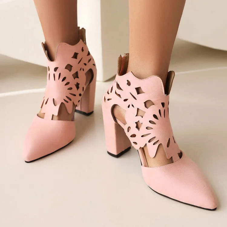 Women's Pointed Toe Carved Cutout Back Zippers Block Heel Sandals