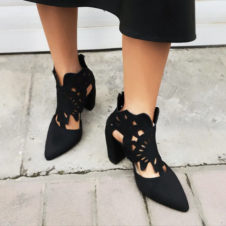 Women's Pointed Toe Carved Cutout Back Zippers Block Heel Sandals