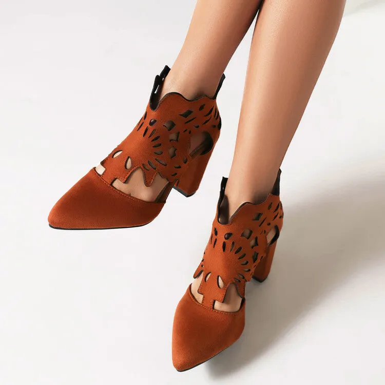 Women's Pointed Toe Carved Cutout Back Zippers Block Heel Sandals