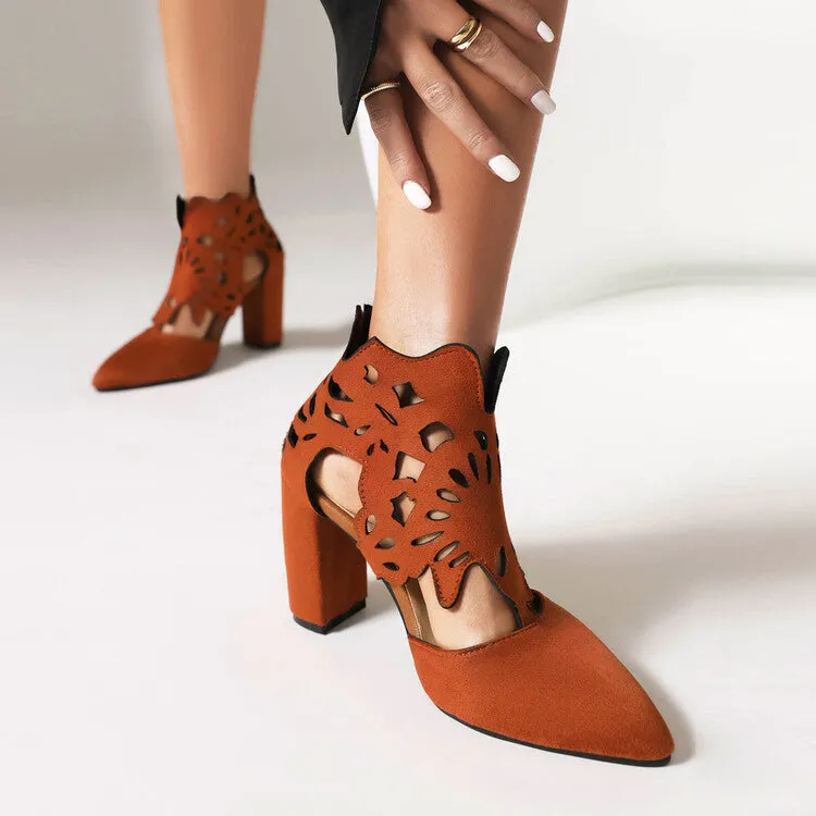Women's Pointed Toe Carved Cutout Back Zippers Block Heel Sandals