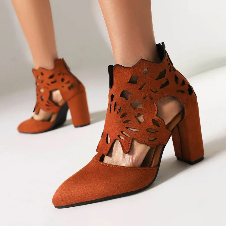 Women's Pointed Toe Carved Cutout Back Zippers Block Heel Sandals