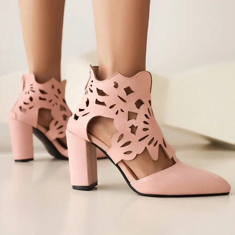 Women's Pointed Toe Carved Cutout Back Zippers Block Heel Sandals