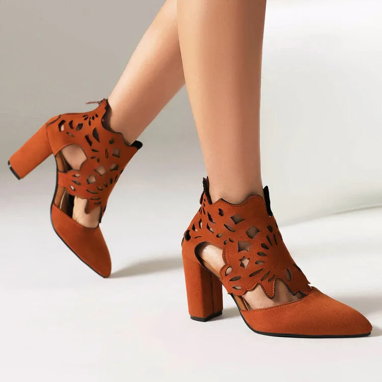 Women's Pointed Toe Carved Cutout Back Zippers Block Heel Sandals