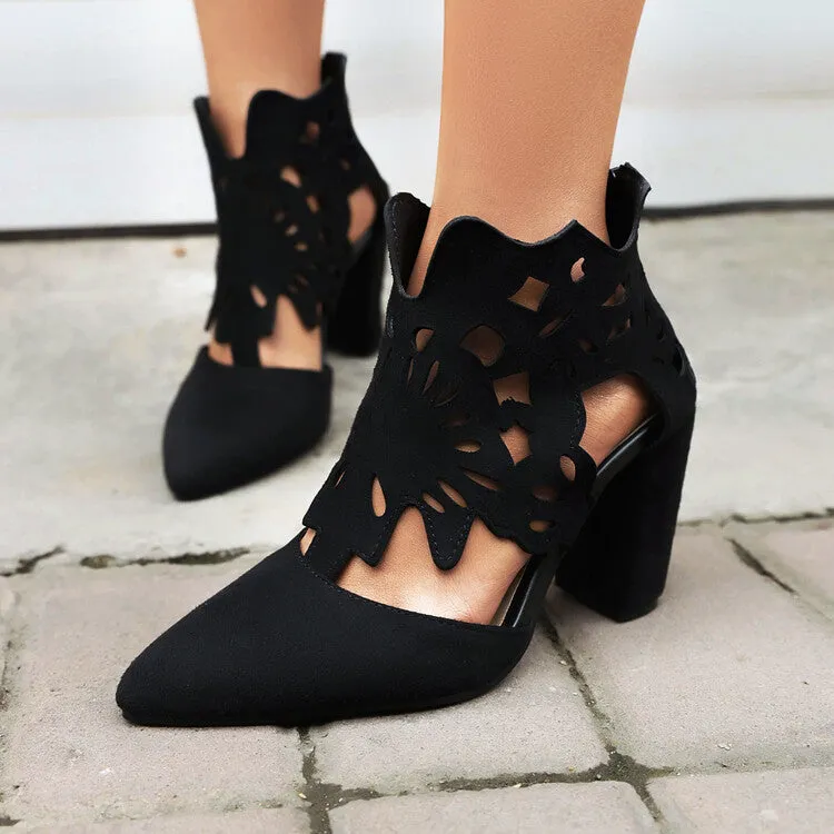 Women's Pointed Toe Carved Cutout Back Zippers Block Heel Sandals