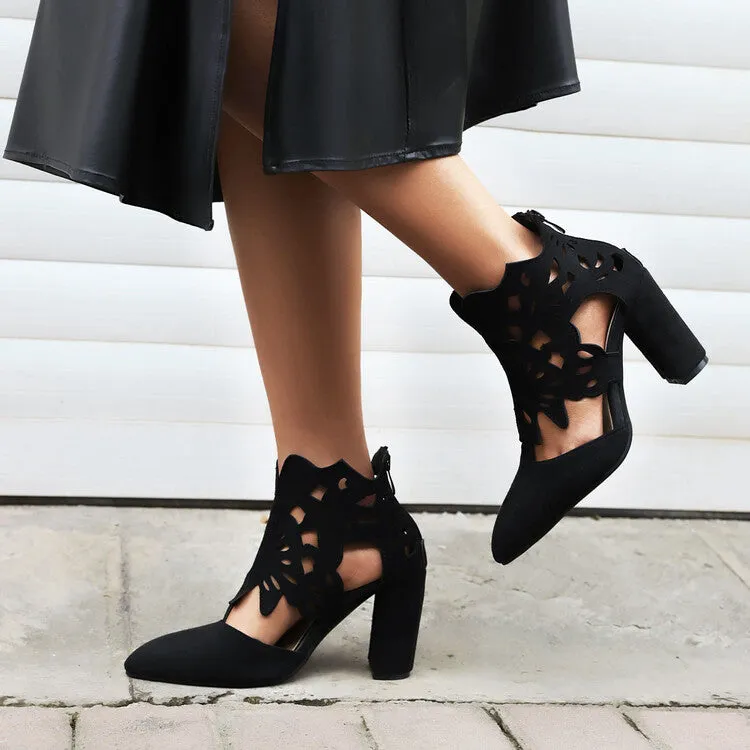 Women's Pointed Toe Carved Cutout Back Zippers Block Heel Sandals