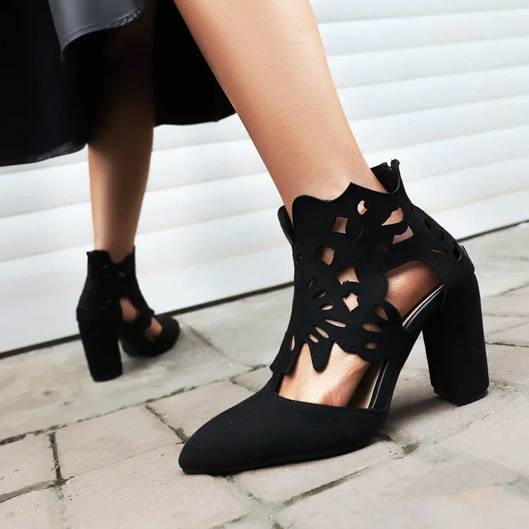 Women's Pointed Toe Carved Cutout Back Zippers Block Heel Sandals