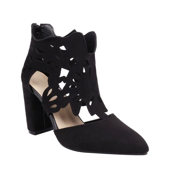 Women's Pointed Toe Carved Cutout Back Zippers Block Heel Sandals
