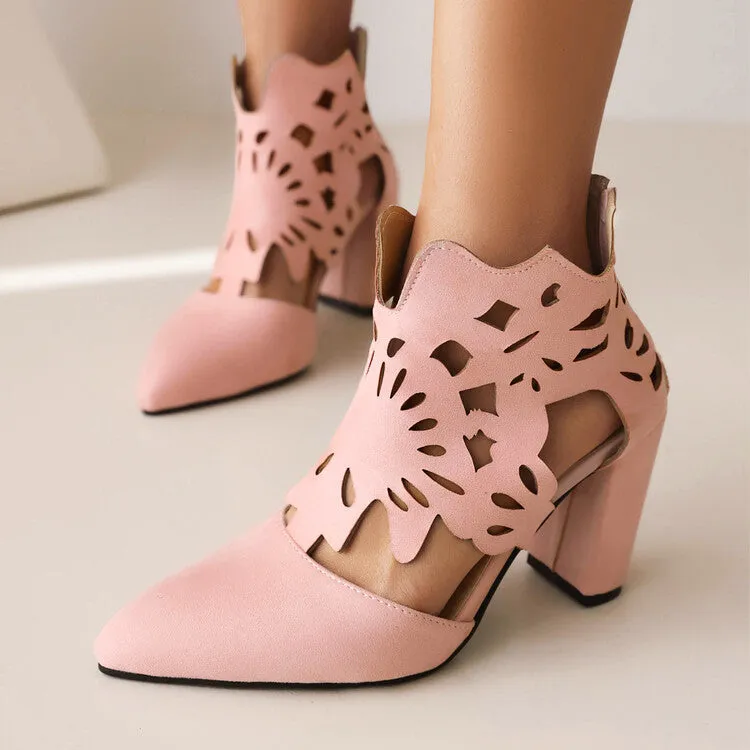 Women's Pointed Toe Carved Cutout Back Zippers Block Heel Sandals